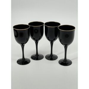 4 Vintage Noritake REMEMBRANCE EBONY Wine Glasses Goblets 7” Black W/ Gold Rim